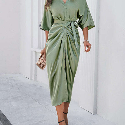 New style elegant solid color waist-cinching dress