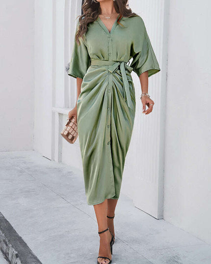 New style elegant solid color waist-cinching dress