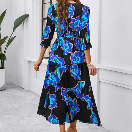 Spring and summer new holiday casual printed V-neck slit dress