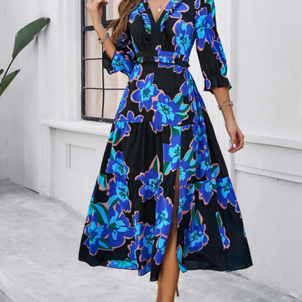 Spring and summer new holiday casual printed V-neck slit dress
