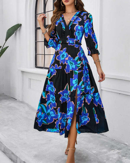 Spring and summer new holiday casual printed V-neck slit dress