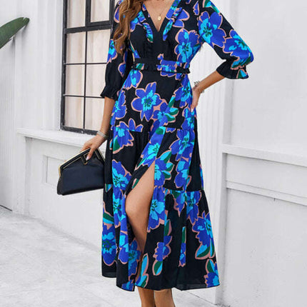 Spring and summer new holiday casual printed V-neck slit dress