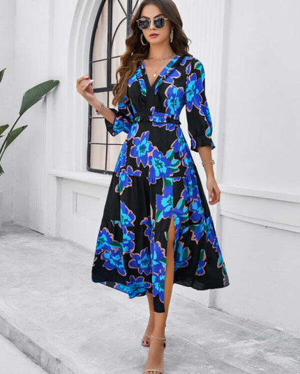 Spring and summer new holiday casual printed V-neck slit dress