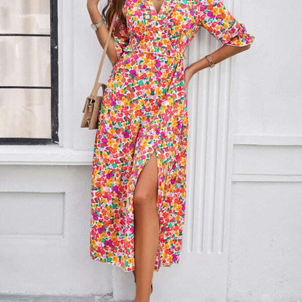 Spring and summer new holiday casual printed V-neck slit dress
