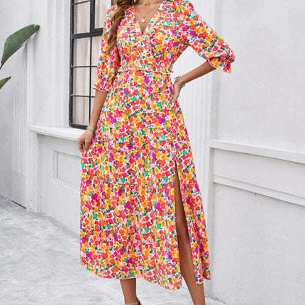 Spring and summer new holiday casual printed V-neck slit dress