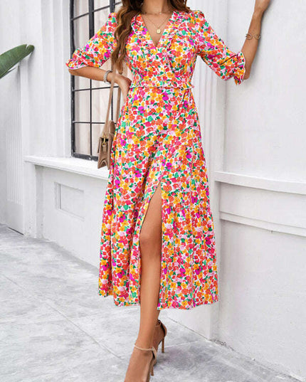Spring and summer new holiday casual printed V-neck slit dress