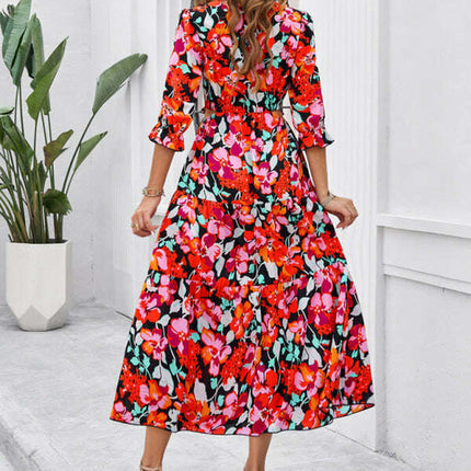 Spring and summer new holiday casual printed V-neck slit dress