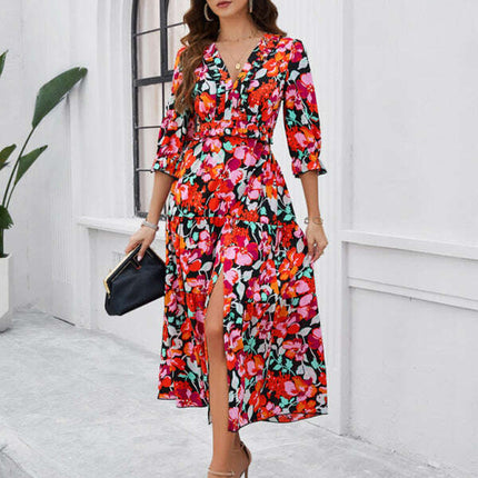 Spring and summer new holiday casual printed V-neck slit dress