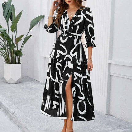 Spring and summer new holiday casual printed V-neck slit dress