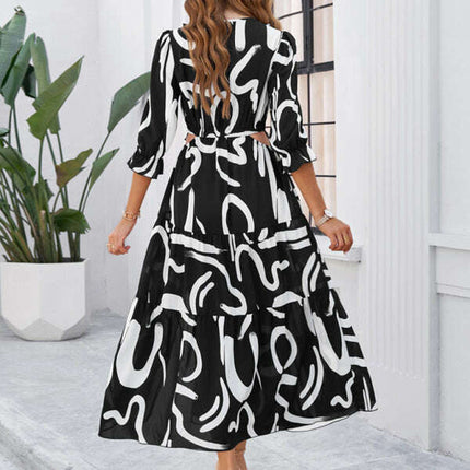 Spring and summer new holiday casual printed V-neck slit dress