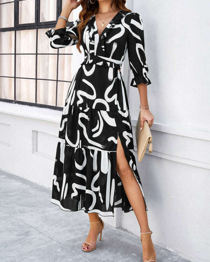Spring and summer new holiday casual printed V-neck slit dress