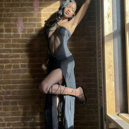 Captivating Backless Halter Dress with Unique Digital Print and Elegant Hollow Accents