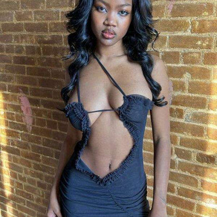 Captivating Backless Halter Dress with Unique Digital Print and Elegant Hollow Accents