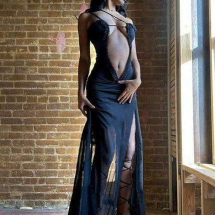 Captivating Backless Halter Dress with Unique Digital Print and Elegant Hollow Accents