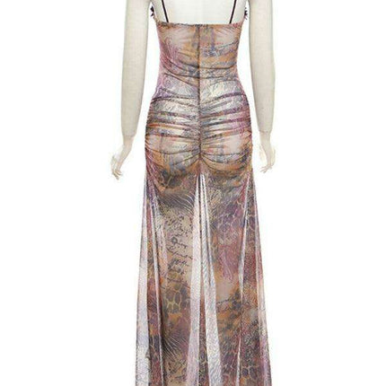 Captivating Backless Halter Dress with Unique Digital Print and Elegant Hollow Accents