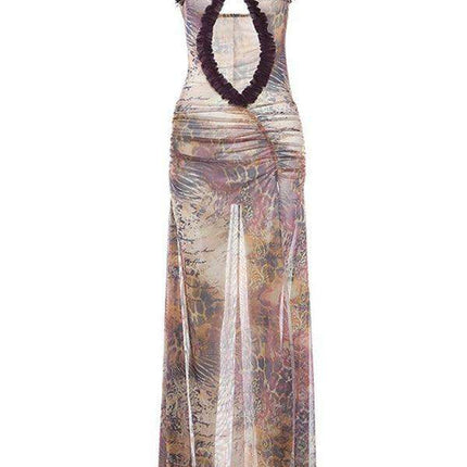 Captivating Backless Halter Dress with Unique Digital Print and Elegant Hollow Accents