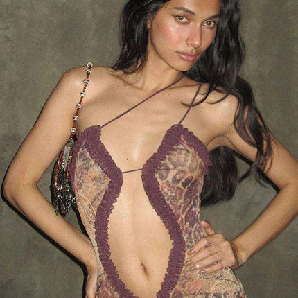 Captivating Backless Halter Dress with Unique Digital Print and Elegant Hollow Accents