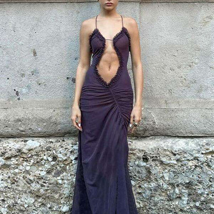 Captivating Backless Halter Dress with Unique Digital Print and Elegant Hollow Accents