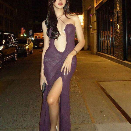 Captivating Backless Halter Dress with Unique Digital Print and Elegant Hollow Accents