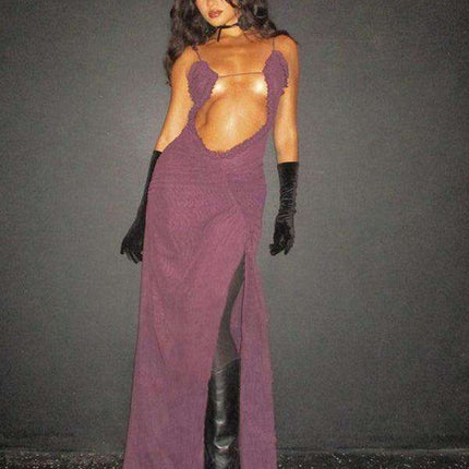 Captivating Backless Halter Dress with Unique Digital Print and Elegant Hollow Accents