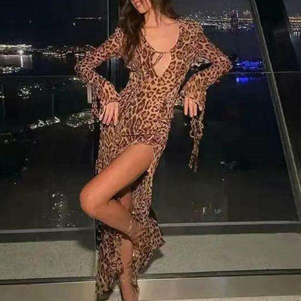 Chic Leopard Print Maxi Skirt with Ruffled Slit and Elegant Long Sleeves