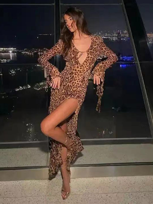 New sexy leopard print long skirt with ruffled front slit and long sleeves