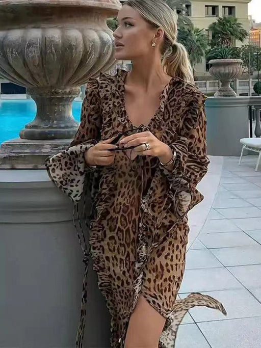 New sexy leopard print long skirt with ruffled front slit and long sleeves