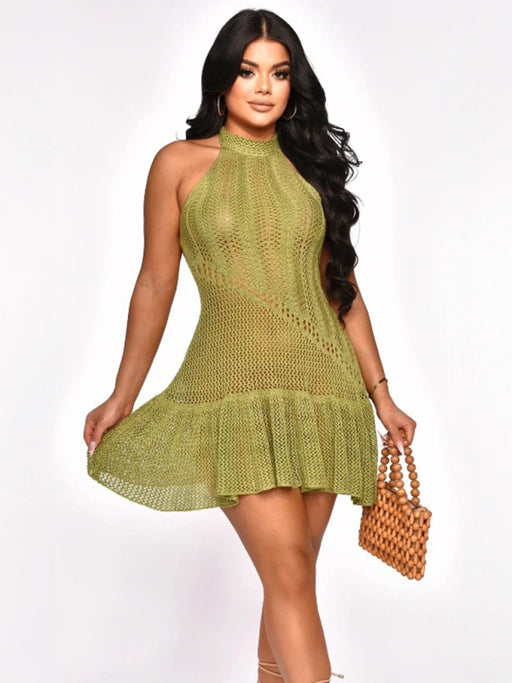 Solid Color Sleeveless Backless Knit Dress with Halterneck