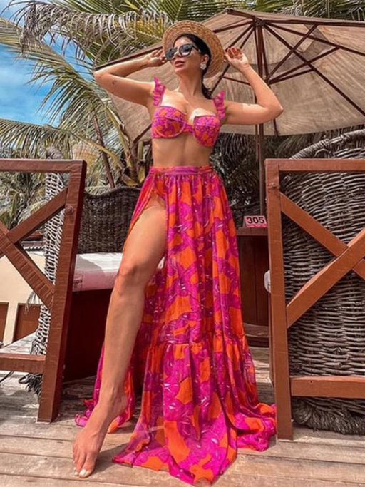 Stunning Tropical Print Sleeveless Bikini Set with Matching Pants and Skirt
