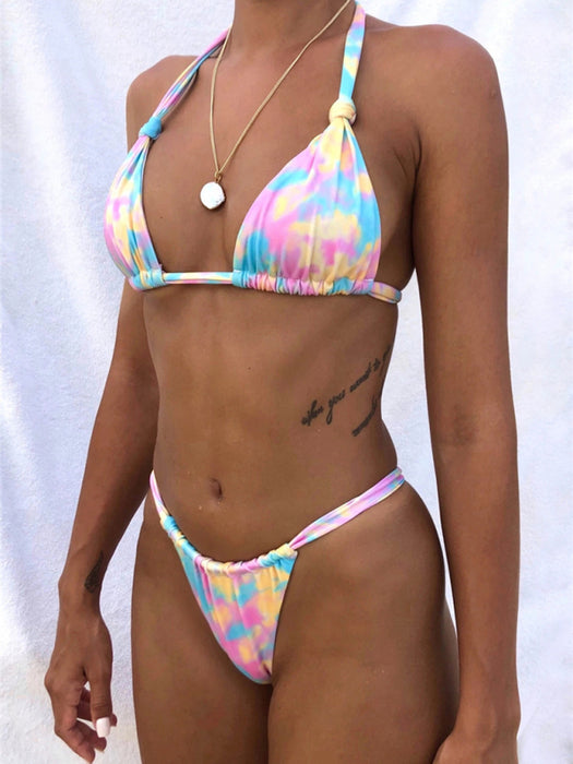 New style split gradient printed halterneck string buttoned bikini