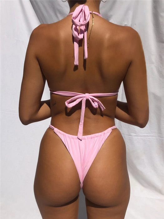 New style split gradient printed halterneck string buttoned bikini