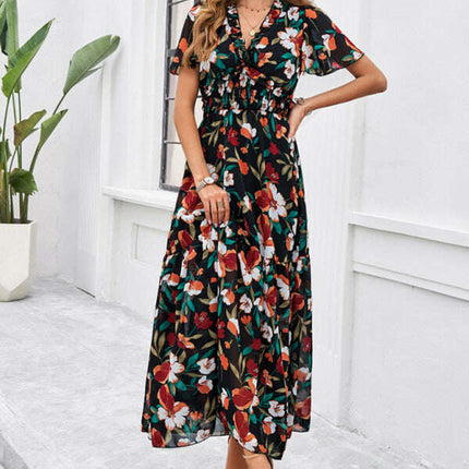 Spring and summer new temperament casual printed waist dress