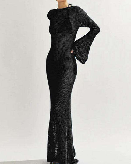 Chic Backless Knit Maxi Dress with Long Sleeves - Alluring Floor-Length Elegance