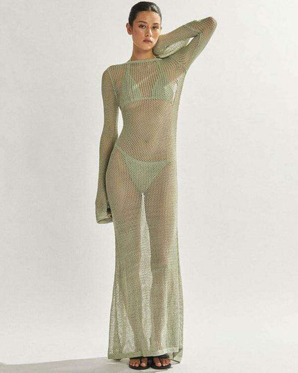 Chic Backless Knit Maxi Dress with Long Sleeves - Alluring Floor-Length Elegance