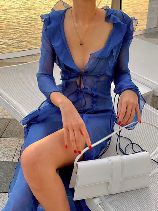 Sheer Lace V-neck Slit Dress for Women - Elegant and Sultry
