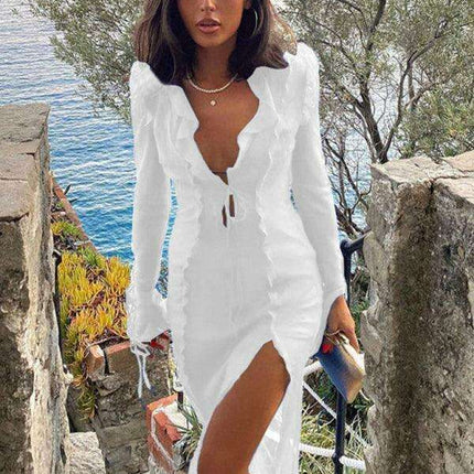 Elegant Sheer Lace V-neck Gown with Daring Slit - Glamorous and Captivating