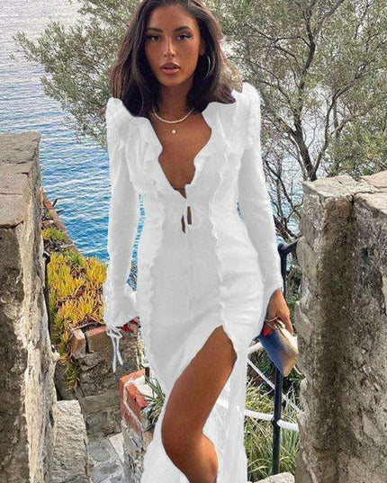 Elegant Sheer Lace V-neck Gown with Daring Slit - Glamorous and Captivating