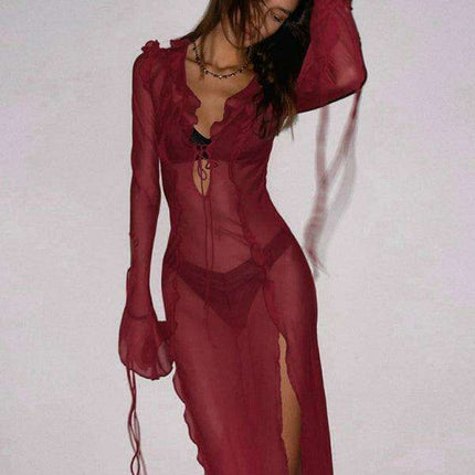 Elegant Sheer Lace V-neck Gown with Daring Slit - Glamorous and Captivating