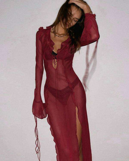 Elegant Sheer Lace V-neck Gown with Daring Slit - Glamorous and Captivating