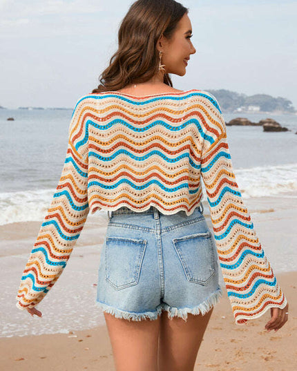 New patchwork round neck striped bikini beach cover-up