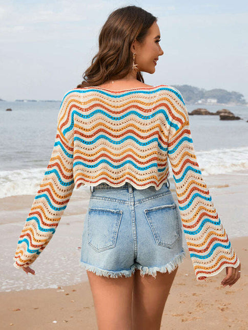 New patchwork round neck striped bikini beach cover-up