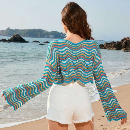 New patchwork round neck striped bikini beach cover-up