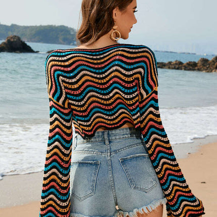 New patchwork round neck striped bikini beach cover-up
