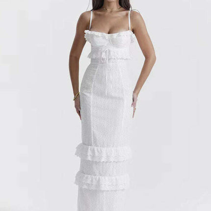 Women's new sexy dress white hook-and-loop suspender long skirt slim French dress