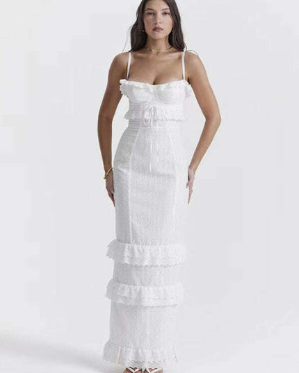 Women's new sexy dress white hook-and-loop suspender long skirt slim French dress