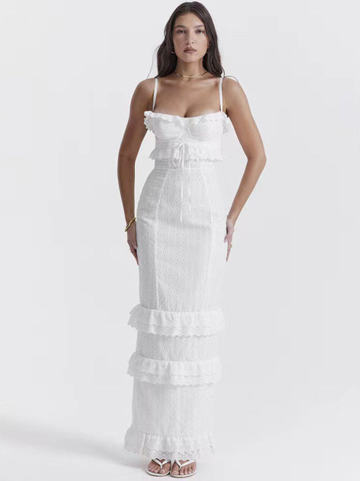 Women's new sexy dress white hook-and-loop suspender long skirt slim French dress