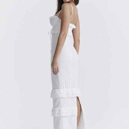 Women's new sexy dress white hook-and-loop suspender long skirt slim French dress