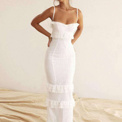 Women's new sexy dress white hook-and-loop suspender long skirt slim French dress