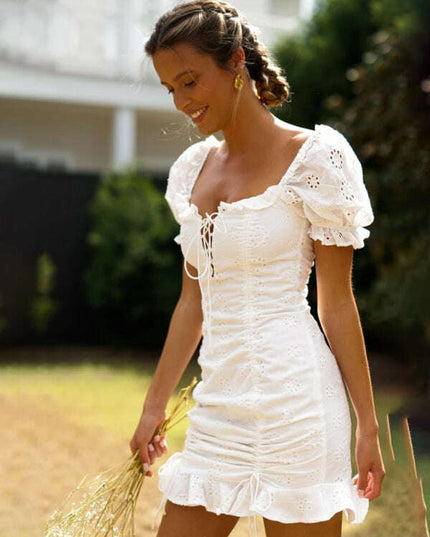 Women's hip-hugging skirt, lace-up, fashionable and sexy pleated V-neck short dress