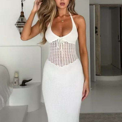 Elegant Backless Knit Halter Dress with Sheer Detailing